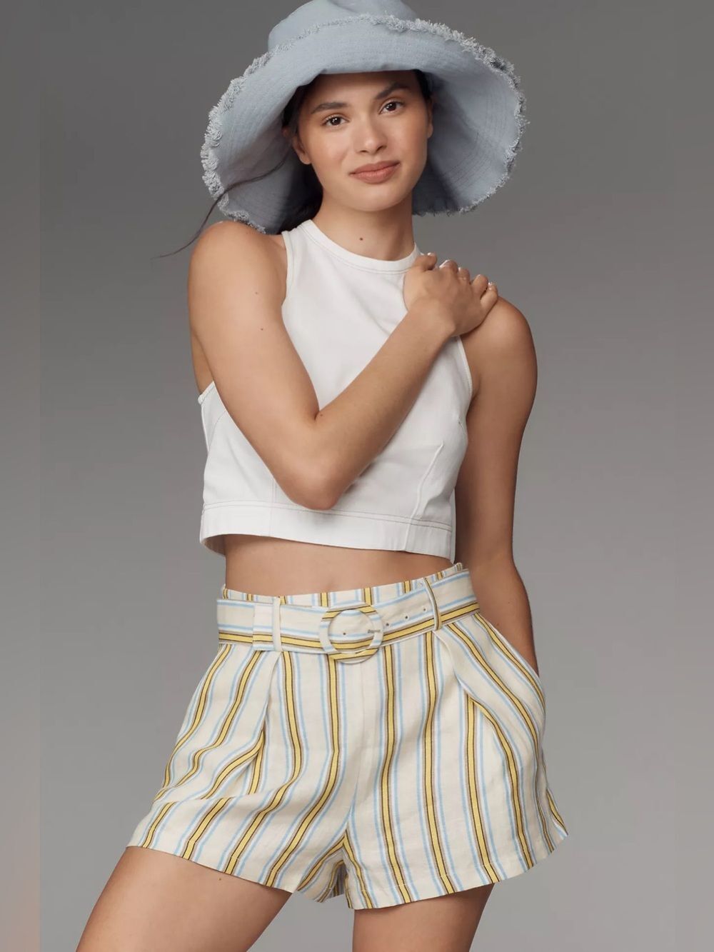 New Anthropologie Maeve Linen Striped Belted Shorts Size 12
